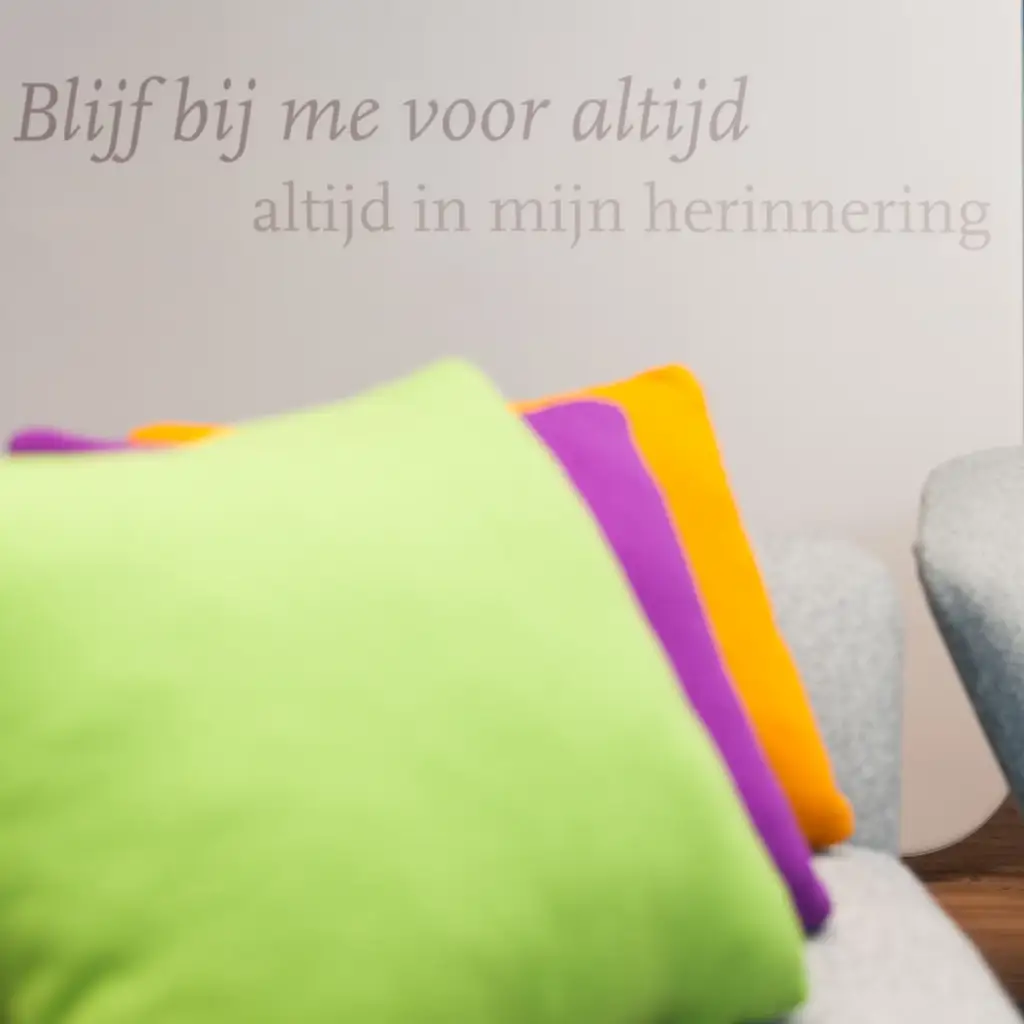 Kussens en de tekst Blijf bij me voor altijd op de muur in Waerdse Landen
